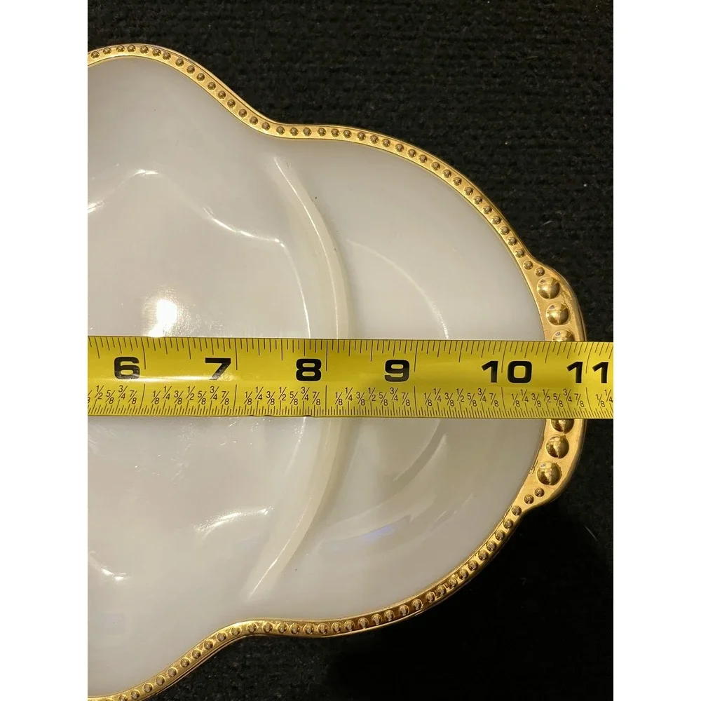 Fire King Milk Glass‎ 3 Section Divided Relish Serving Dish Gold Beaded Edge